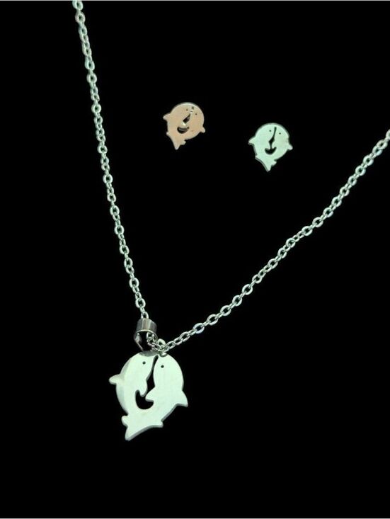 Jewelry - Silver Dolphin Necklace and Earring Jewelry Set Stainless Steel Summer Beach